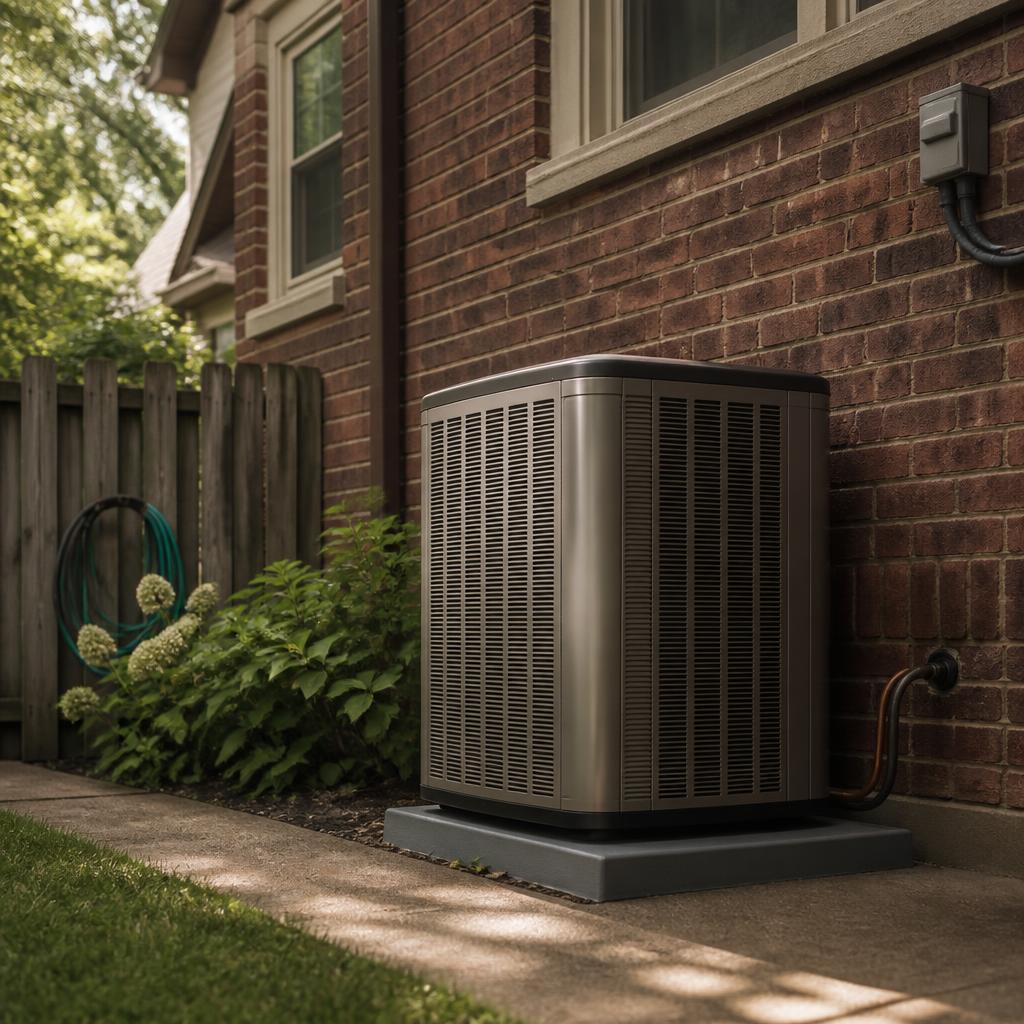 Neatly installed high-efficiency condenser beside a brick bungalow