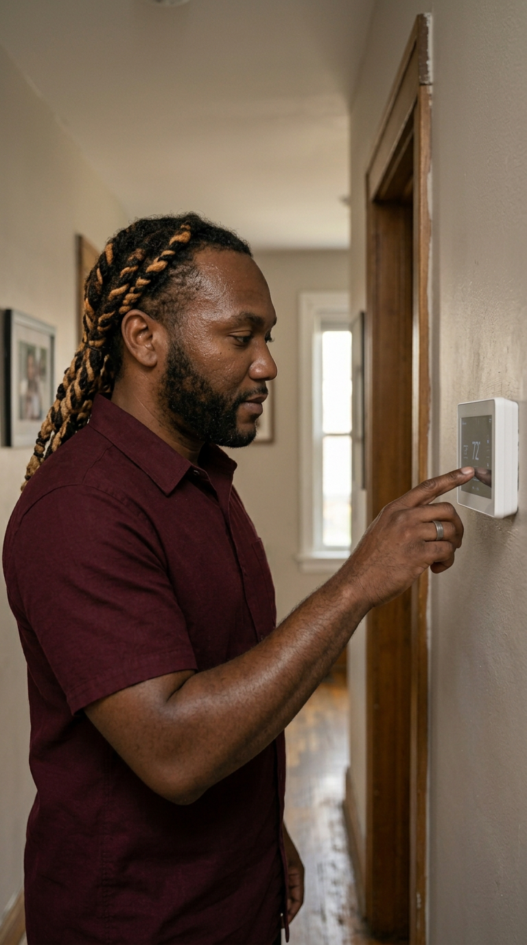 Comfort Craft technician Ben adjusting a thermostat in a Chicago home